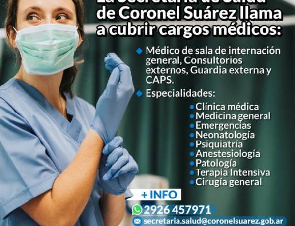 La secretaría de Salud de Coronel Suárez llama a cubrir cargos médicos
