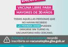 ATENCIÓN: Vacunación libre para +30 inscriptos en VACUNATE e inscripción para adolescentes de 13 a 17 años