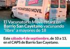 El Vacunatorio Móvil estará en Barrio San Cayetano vacunando “libre” a mayores de 18