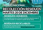 Horario de recolección de residuos Martes 20/12: FERIADO NACIONAL