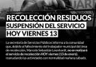 Servicio de recolección de residuos: suspensión del servicio HOY viernes