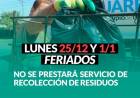 No se prestara servicio de recoleccion de residuos los dias 25/12 y 01/01