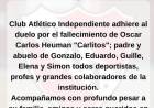 El club Independiente de San José adhiere a duelo por Carlitos Heuman