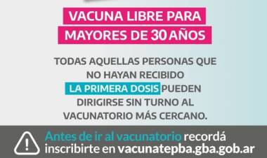 ATENCIÓN: Vacunación libre para +30 inscriptos en VACUNATE e inscripción para adolescentes de 13 a 17 años