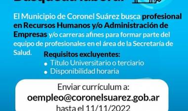 El Municipio de Coronel Suárez busca profesional en Recursos Humanos y/o Administración de Empresas