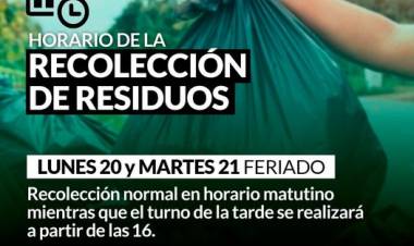 Horario de recolección de residuos LUNES 20 Y MARTES 21 de Febrero