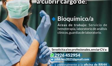 La secretaria de Salud llama a cubrir cargo de: bioquímico/a