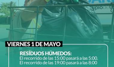 Servicio de recolección de residuos para este Viernes 1 de Mayo "Día del Trabajador"