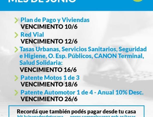 Vencimiento de las TASAS MUNICIPALES del mes de Junio