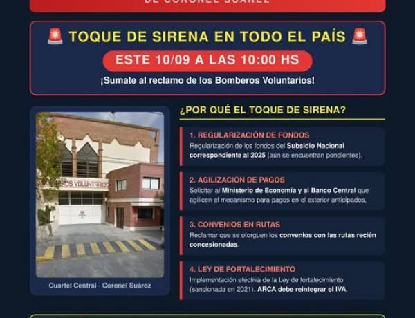 Jueves 10 de Septiembre: SIRENAZO de Bomberos en todo el pais