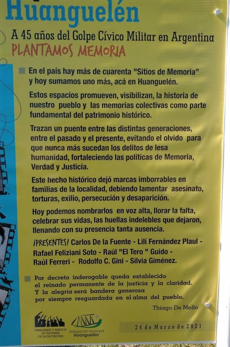 Homenaje en Huanguelén a los desaparecidos durante la Dictadura Militar