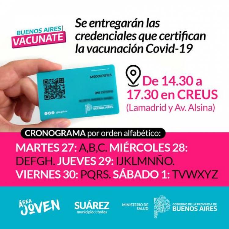 Vacunate Suarez: Se entregarán las credenciales que certifican la vacunación Covid-19⠀
