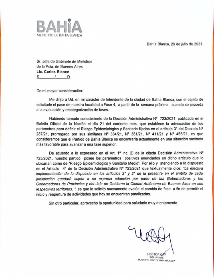 El municipio le pide a Provincia volver a fase 4