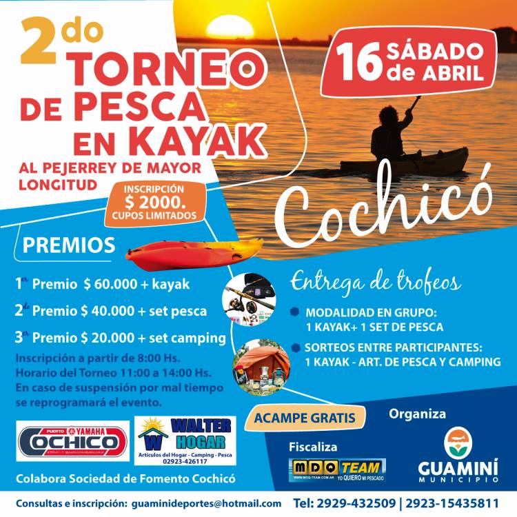 El Sabado 16 de Abril llega a Cochico el 2do torneo de pesca en Kayak del Pejerrey de mayor longitud