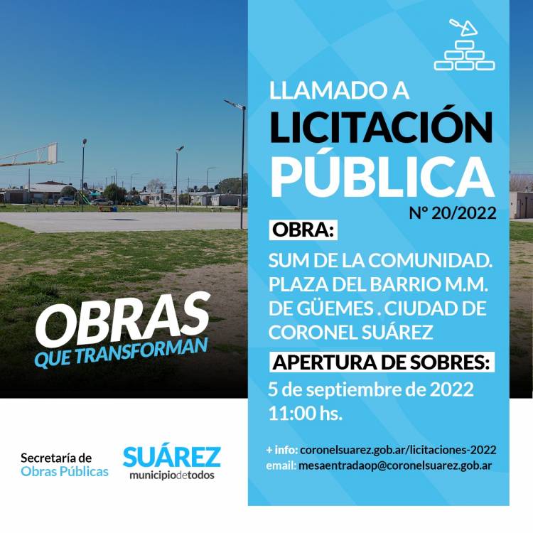 Obra SUM Barrio M.M.Guemes. LLAMADO A LICITACIÓN PÚBLICA Nº: 20/2022