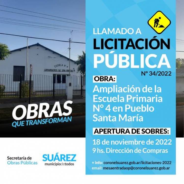 Licitación Obra Pública: Ampliación Escuela Primaria N°4 en  Santa María