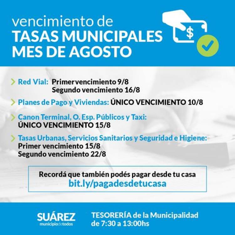 VENCIMIENTO DE TASAS MUNICIPALES DEL MES DE AGOSTO