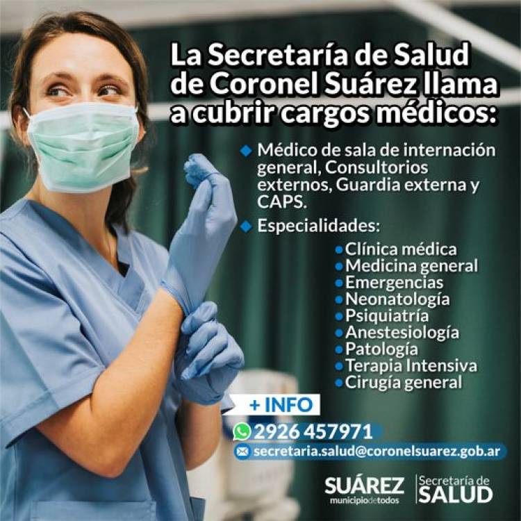 La secretaría de Salud de Coronel Suárez llama a cubrir cargos médicos