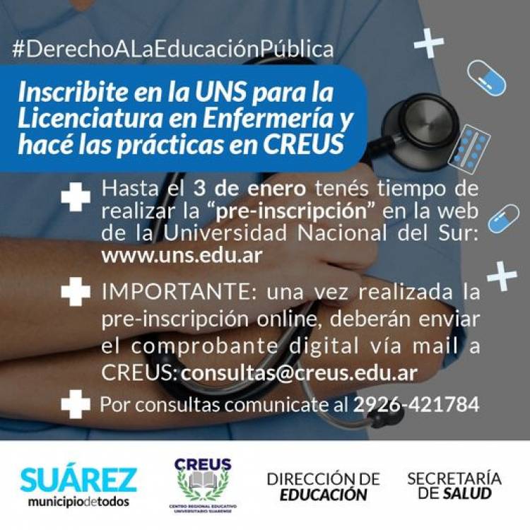 Inscribite en la UNS para la licenciatura en Enfermería y hace las prácticas en CREUS