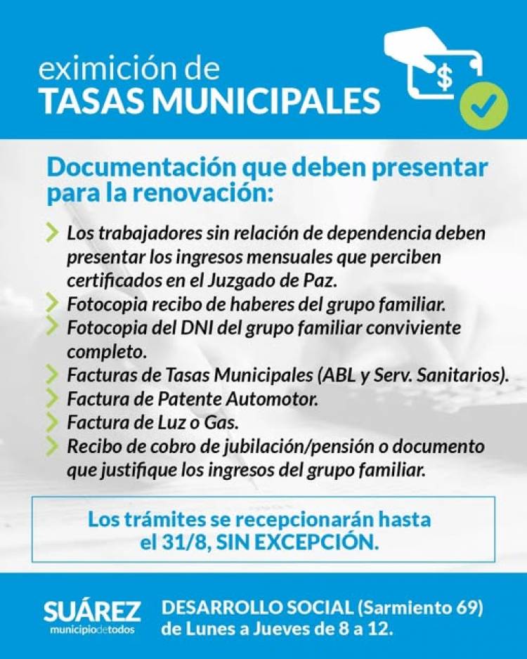 Atención vecinos: eximición de Tasas Municipales 2026