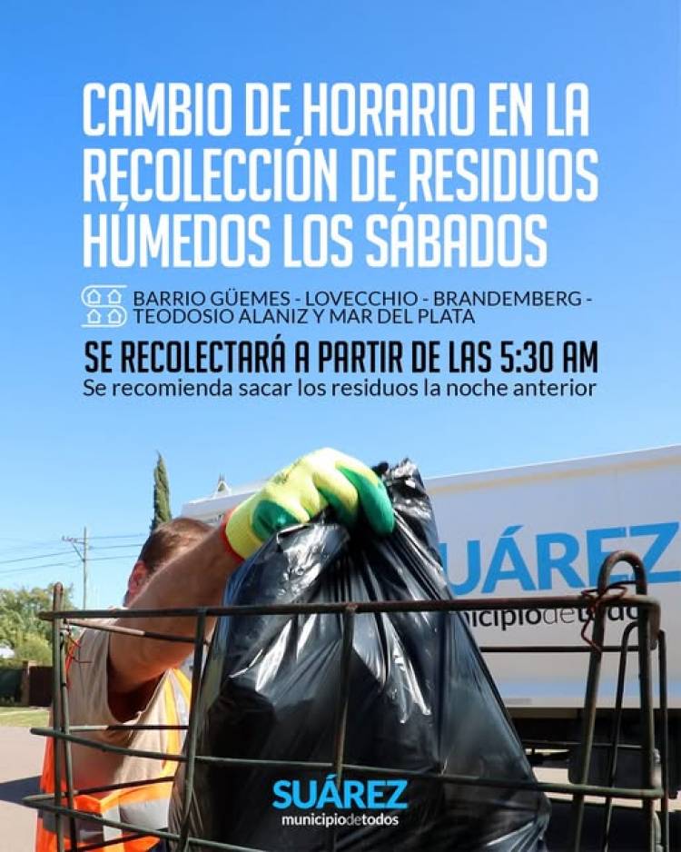 Cambio de horario en la recolección de residuos domiciliarios los días sábados