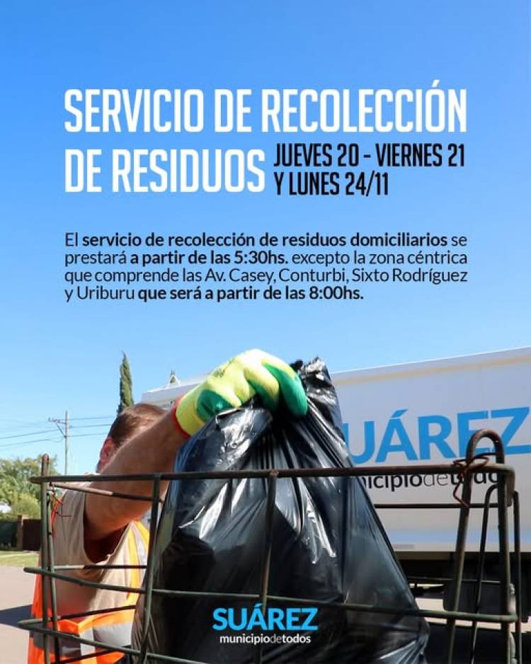 Servicio de recolección de residuos domiciliarios Jueves 20, Viernes 21 y Lunes 24 