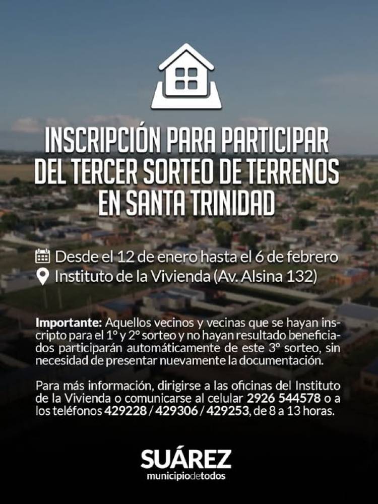 En Marzo se realizará el 3º sorteo de terrenos en Pueblo Santa Trinidad