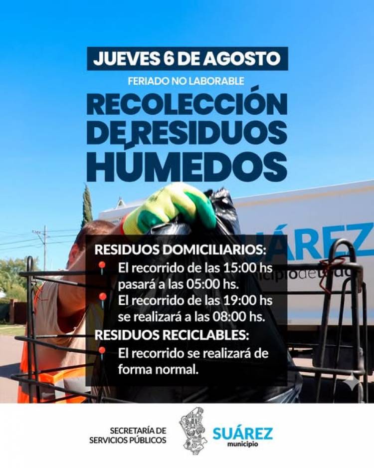 Servicio de recolección de residuos este Jueves 6 de Agosto, Aniversario de Coronel Suárez 