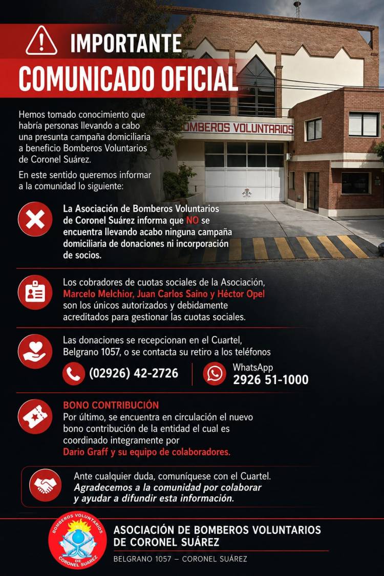 Comunicado de Bomberos Voluntarios de Coronel Suarez