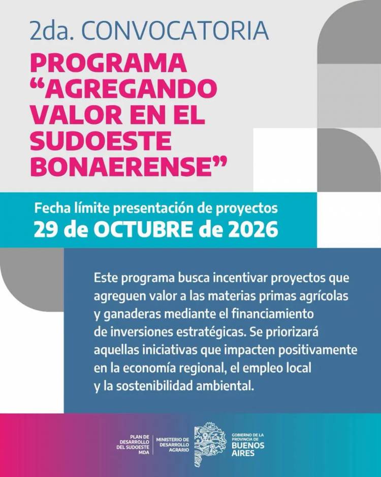 Segunda convocatoria del programa "Agregando Valor en el Sudoeste Bonaerense"