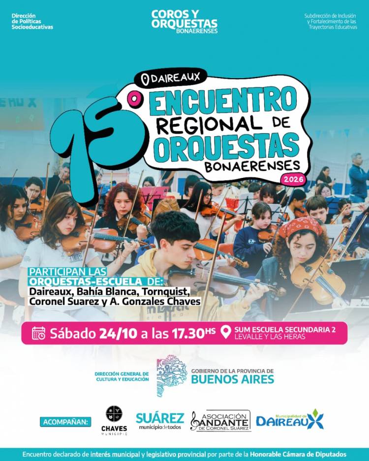 Se viene el 15° Encuentro Regional de Orquestas Escuela del sudoeste Bonaerense y este año le toca ser sede a Daireaux